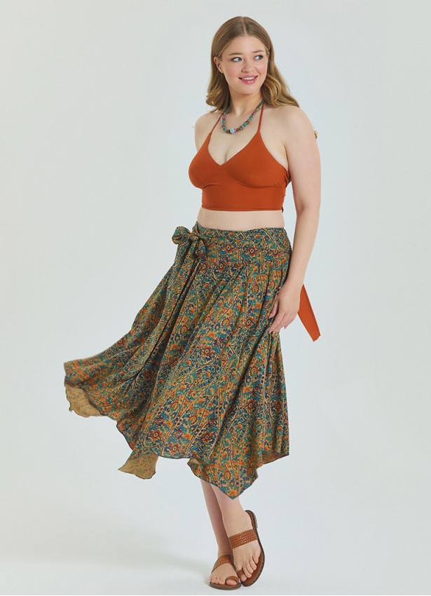 Gipe Detailed Waist Tied Petrol Plus Size Skirt 4589